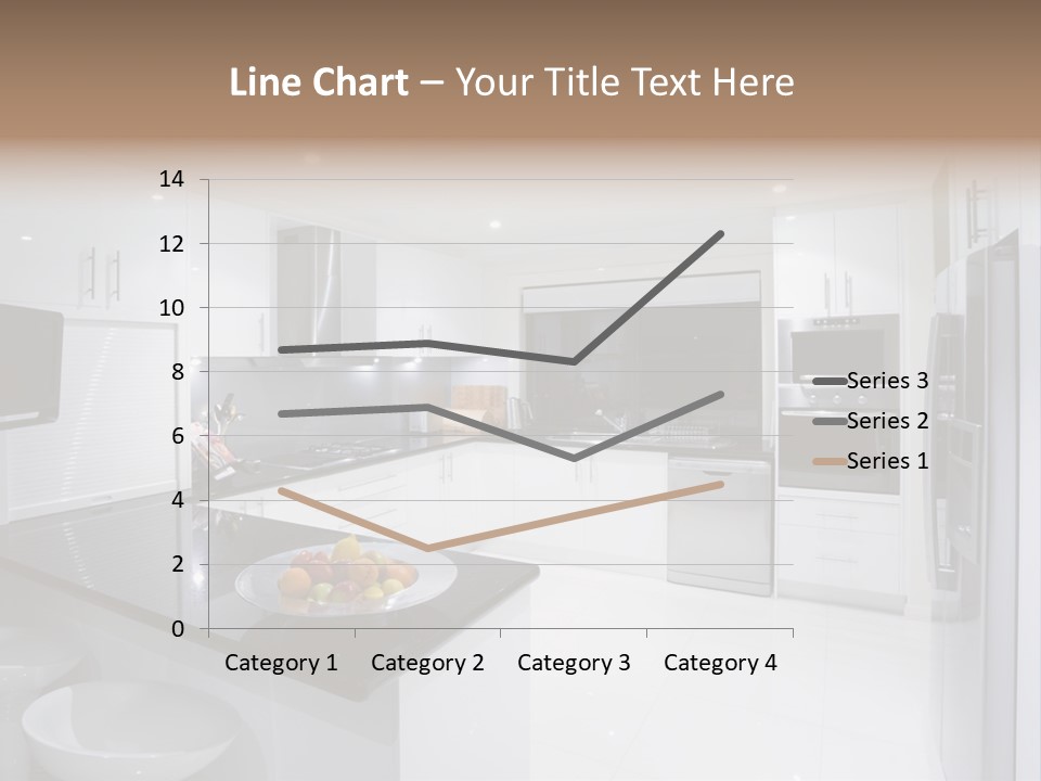 A Kitchen With A Black Counter Top And White Cabinets PowerPoint Template