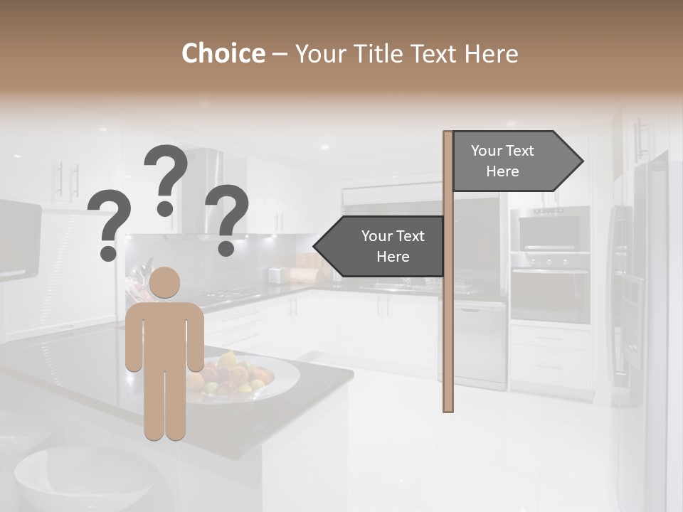 A Kitchen With A Black Counter Top And White Cabinets PowerPoint Template