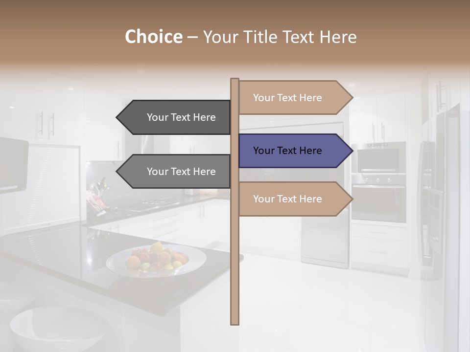 A Kitchen With A Black Counter Top And White Cabinets PowerPoint Template