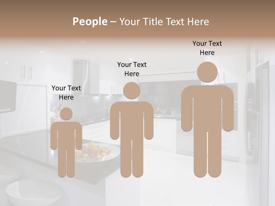 A Kitchen With A Black Counter Top And White Cabinets PowerPoint Template