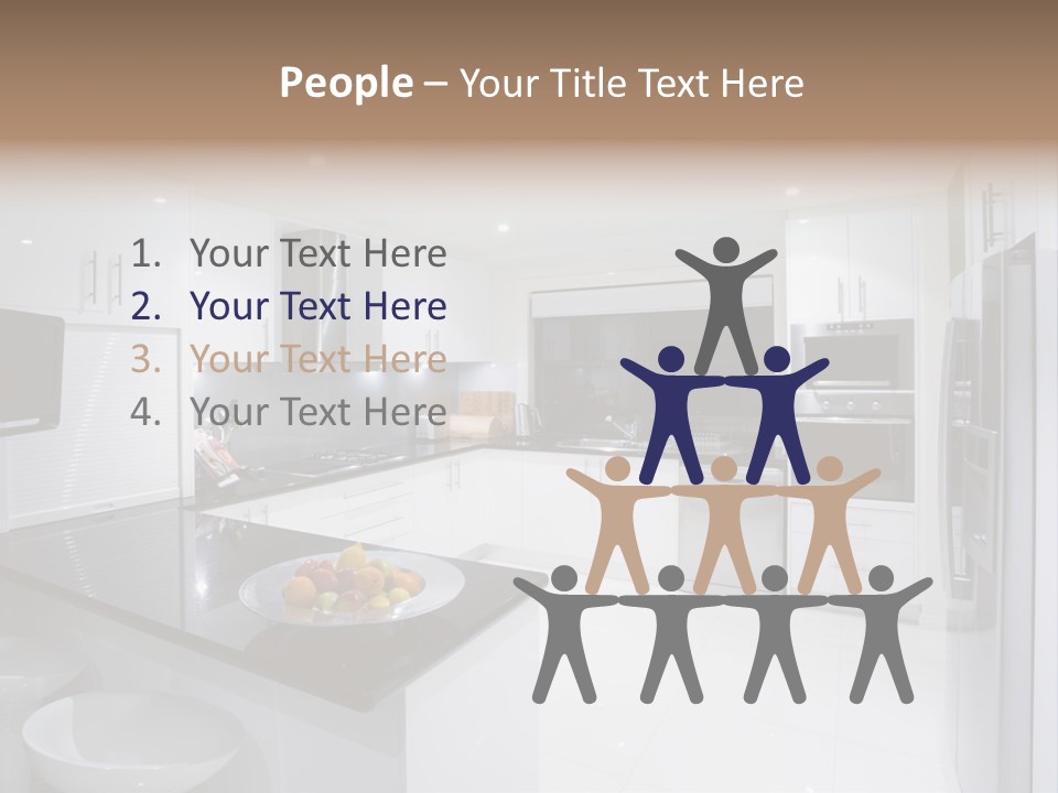 A Kitchen With A Black Counter Top And White Cabinets PowerPoint Template