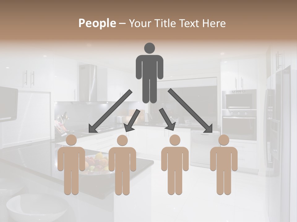 A Kitchen With A Black Counter Top And White Cabinets PowerPoint Template