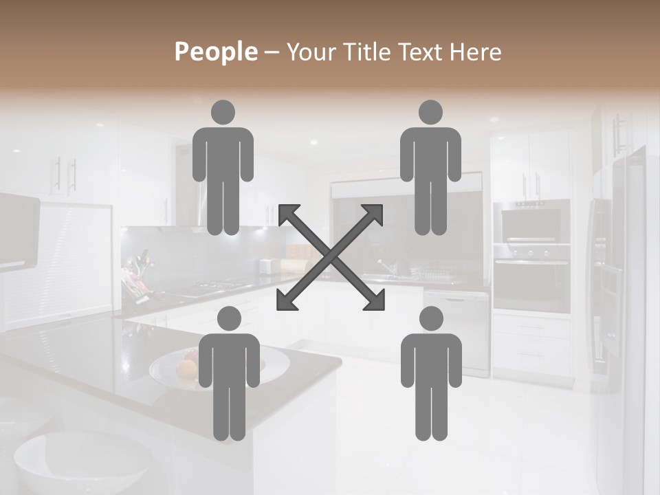 A Kitchen With A Black Counter Top And White Cabinets PowerPoint Template