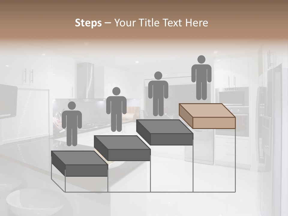 A Kitchen With A Black Counter Top And White Cabinets PowerPoint Template