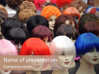 A Group Of Wigs With Different Colored Hair PowerPoint Template