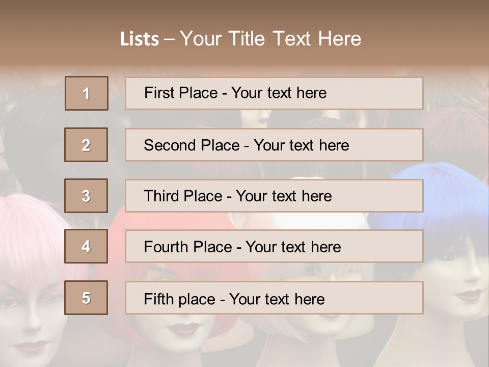 A Group Of Wigs With Different Colored Hair PowerPoint Template