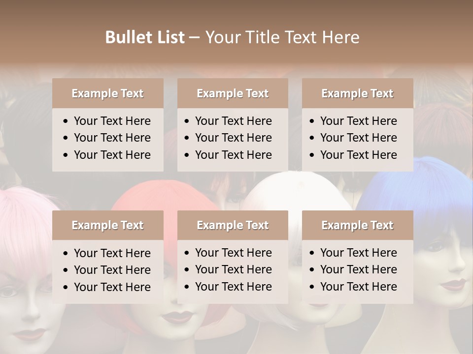 A Group Of Wigs With Different Colored Hair PowerPoint Template