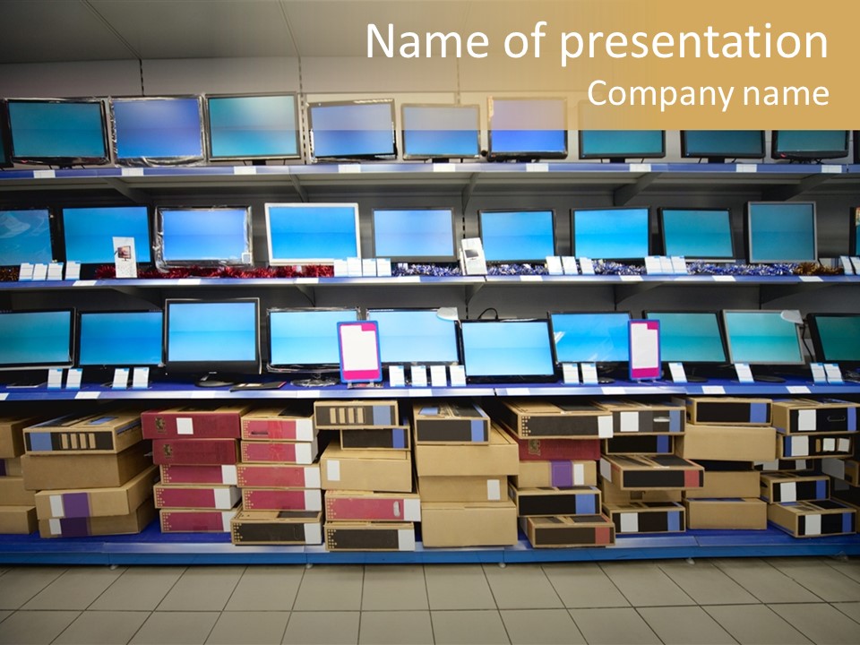 A Large Display Of Televisions In A Store PowerPoint Template