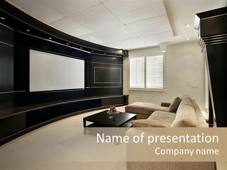 A Living Room With A Large Screen On The Wall PowerPoint Template