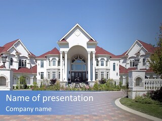 A Large White House With A Blue Sign In Front Of It PowerPoint Template