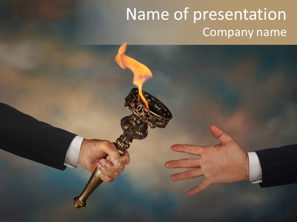 Two Hands Holding A Torch With A Flame Coming Out Of It PowerPoint Template