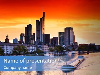 A Boat Traveling Down A River With A City In The Background PowerPoint Template