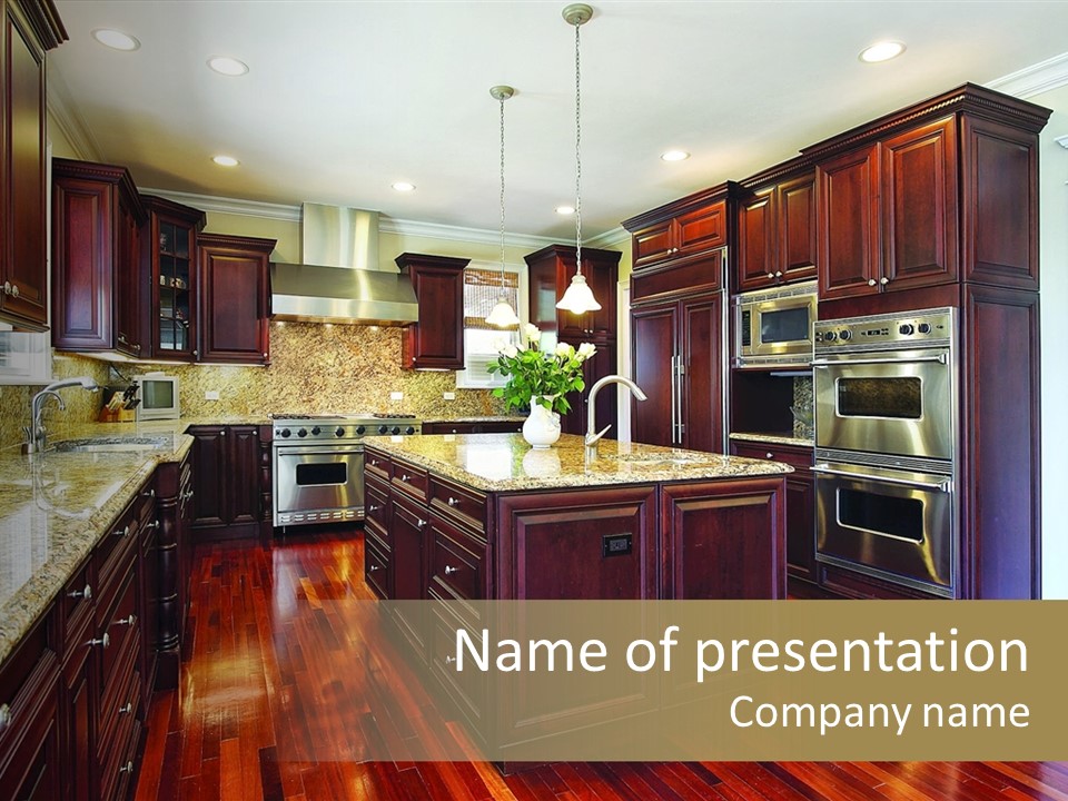 A Large Kitchen With Wooden Floors And A Center Island PowerPoint Template