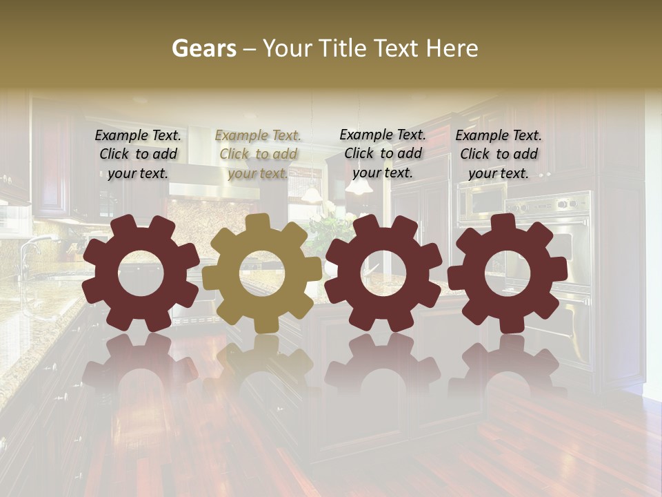 A Large Kitchen With Wooden Floors And A Center Island PowerPoint Template