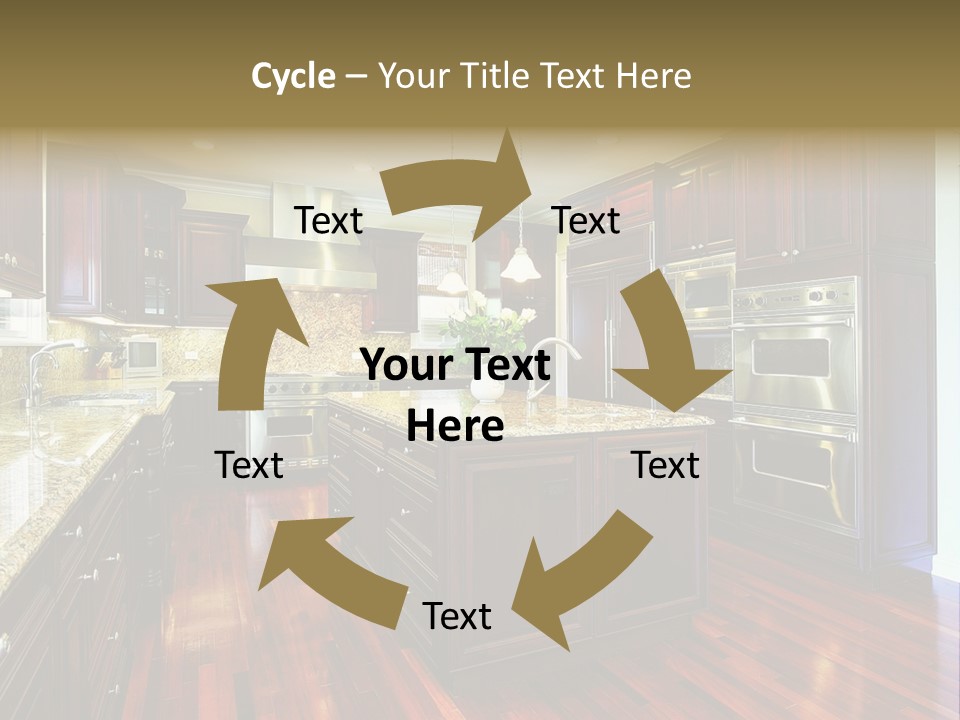 A Large Kitchen With Wooden Floors And A Center Island PowerPoint Template