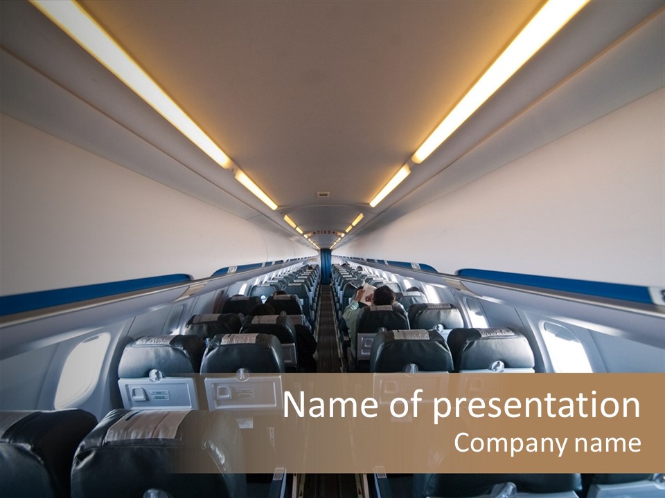 The Inside Of An Airplane With A Lot Of Seats PowerPoint Template