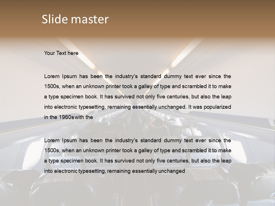 The Inside Of An Airplane With A Lot Of Seats PowerPoint Template