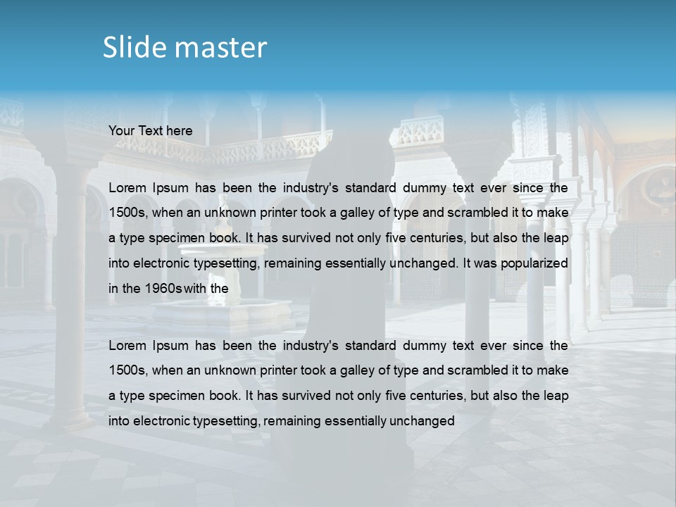 A Courtyard With Columns And A Fountain In The Middle PowerPoint Template