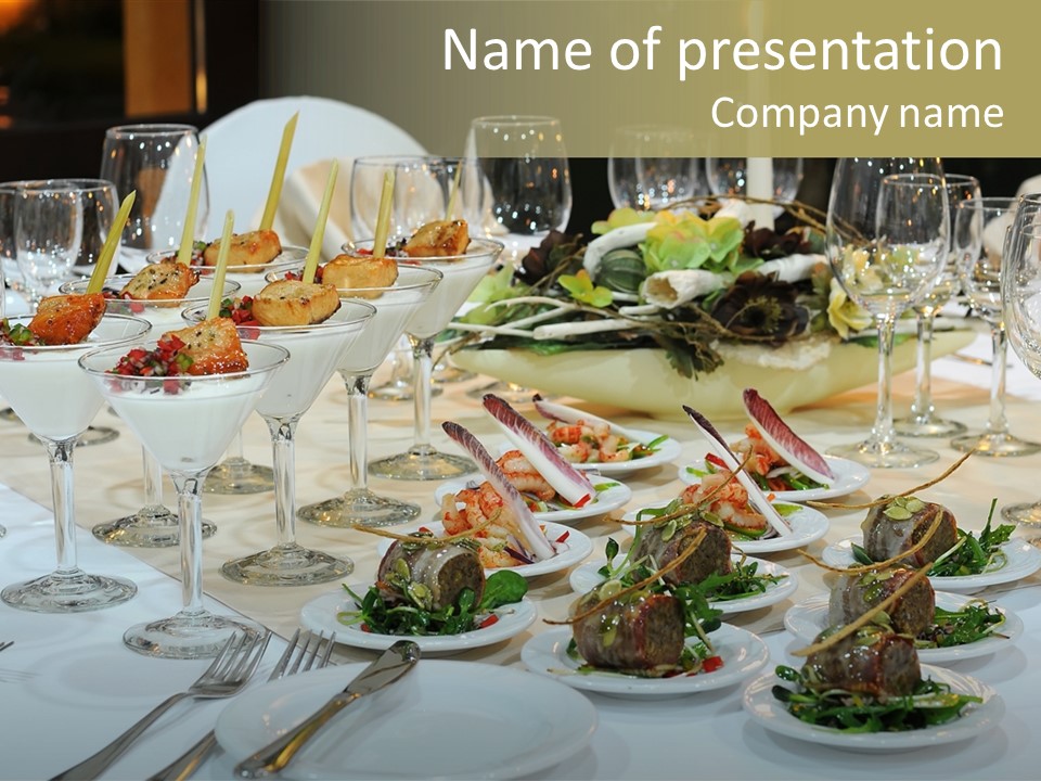 A Table Topped With Plates Of Food And Wine Glasses PowerPoint Template
