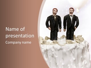 Two Men In Tuxedos Standing On Top Of A Cake PowerPoint Template