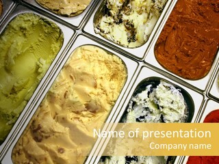 A Variety Of Ice Creams In Trays On A Table PowerPoint Template