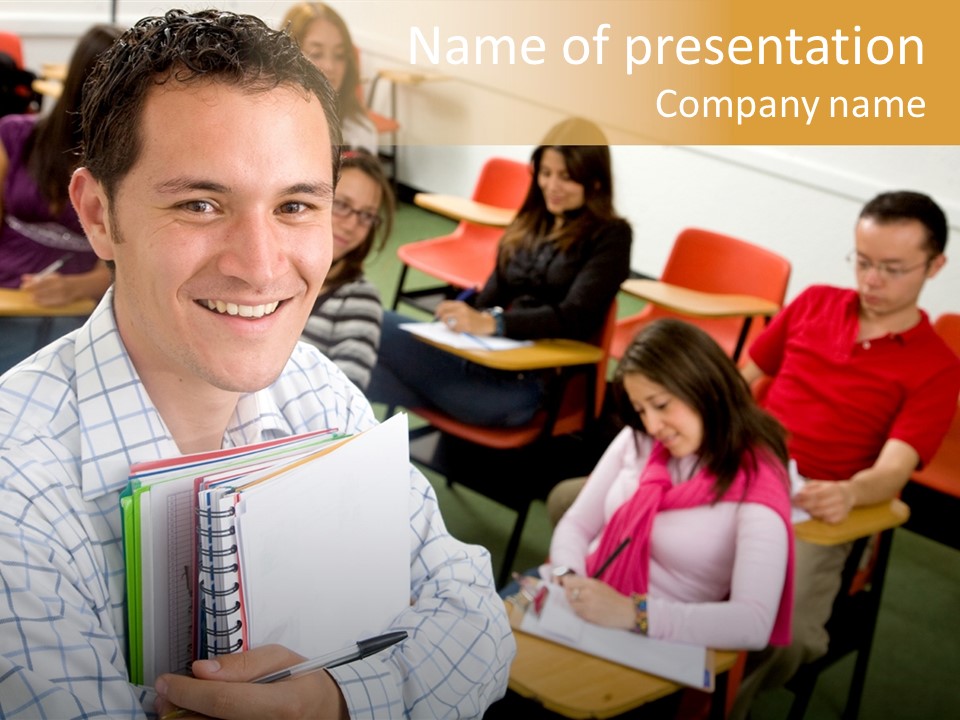 A Man Holding A Book In Front Of A Group Of People PowerPoint Template