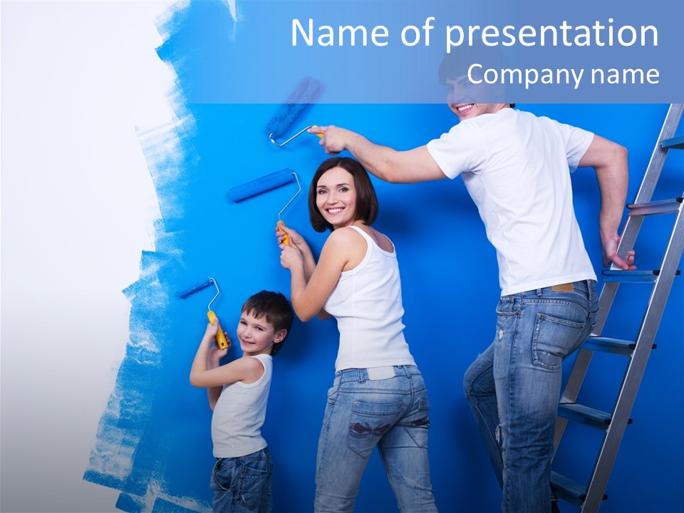 A Man And Woman Painting A Wall With Blue Paint PowerPoint Template