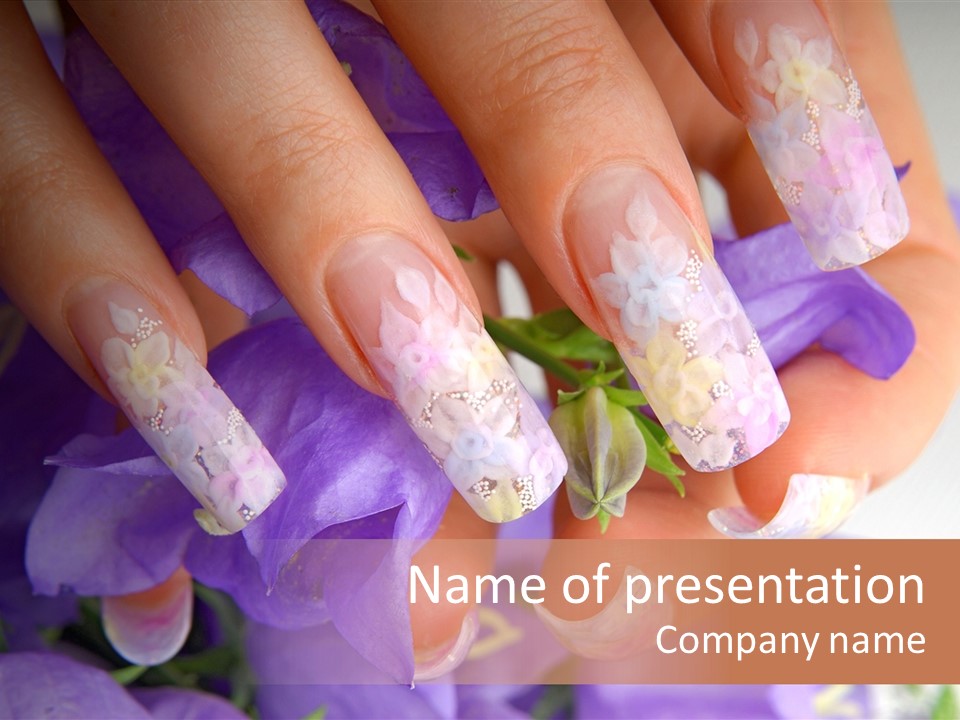 A Woman's Nails With Flowers On Them PowerPoint Template