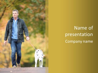 A Man Walking A Dalmatian Dog On A Leash PowerPoint Template