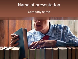 A Man Is Leaning Over A Pile Of Books PowerPoint Template