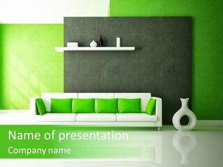 A Living Room With Green Walls And A White Couch PowerPoint Template