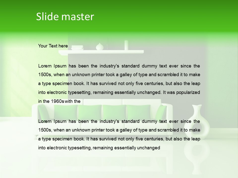 A Living Room With Green Walls And A White Couch PowerPoint Template