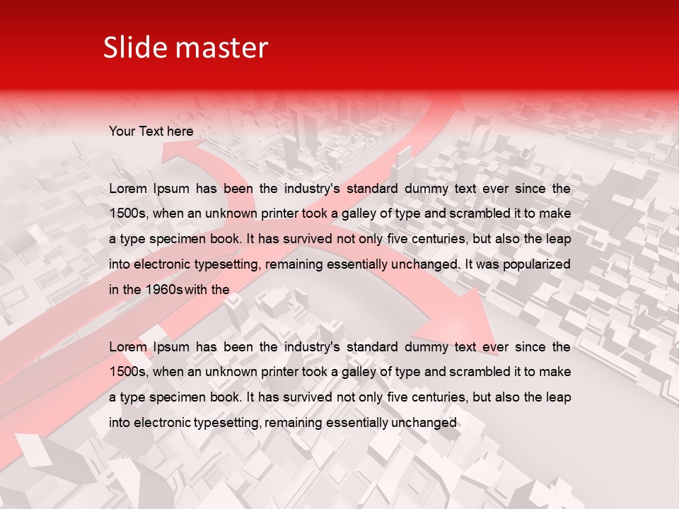 A Red Arrow On A City With Buildings PowerPoint Template