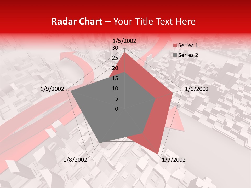 A Red Arrow On A City With Buildings PowerPoint Template