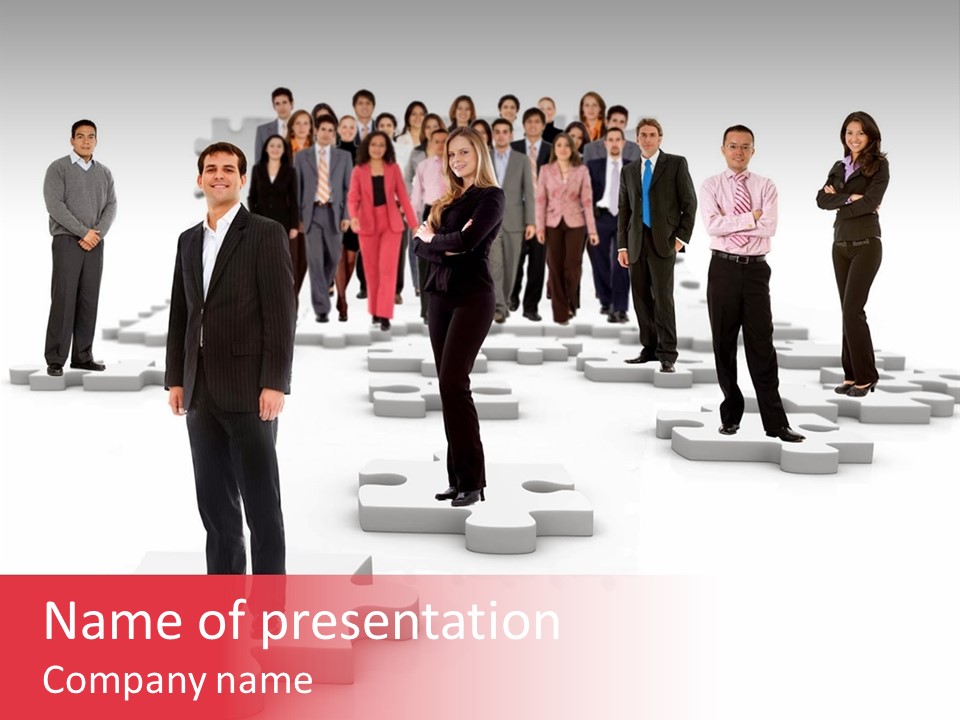 A Group Of Business People Standing In Front Of A Puzzle Piece PowerPoint Template
