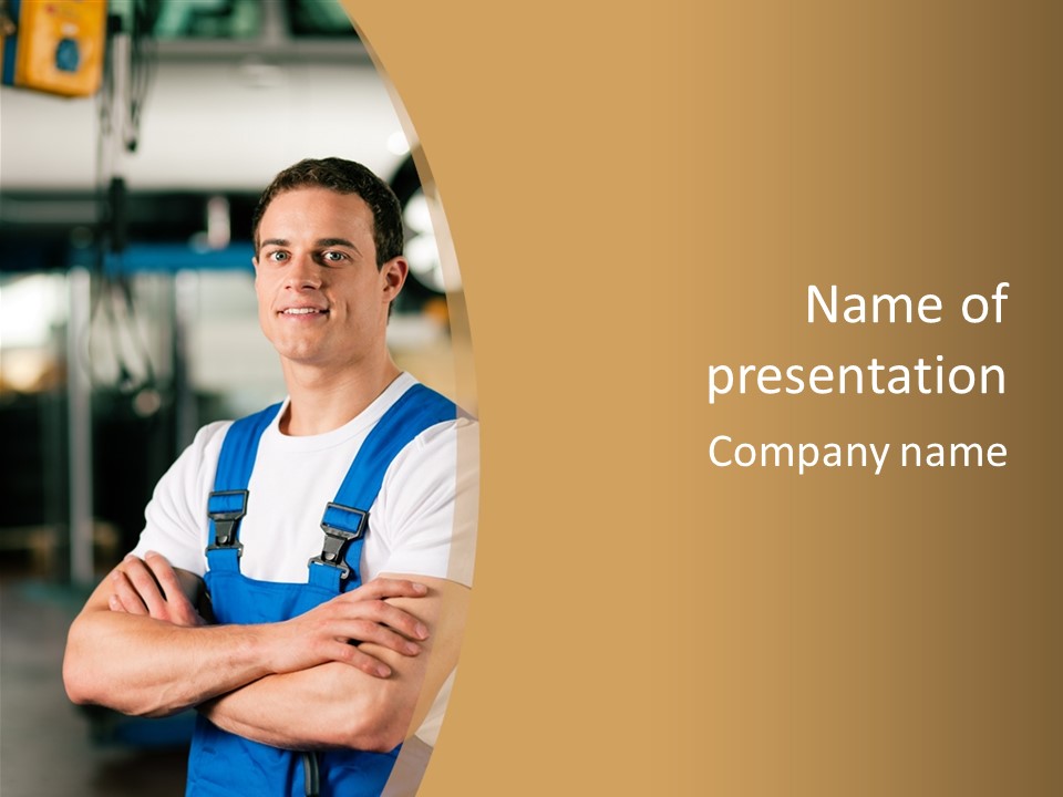 A Man In Overalls Standing With His Arms Crossed PowerPoint Template