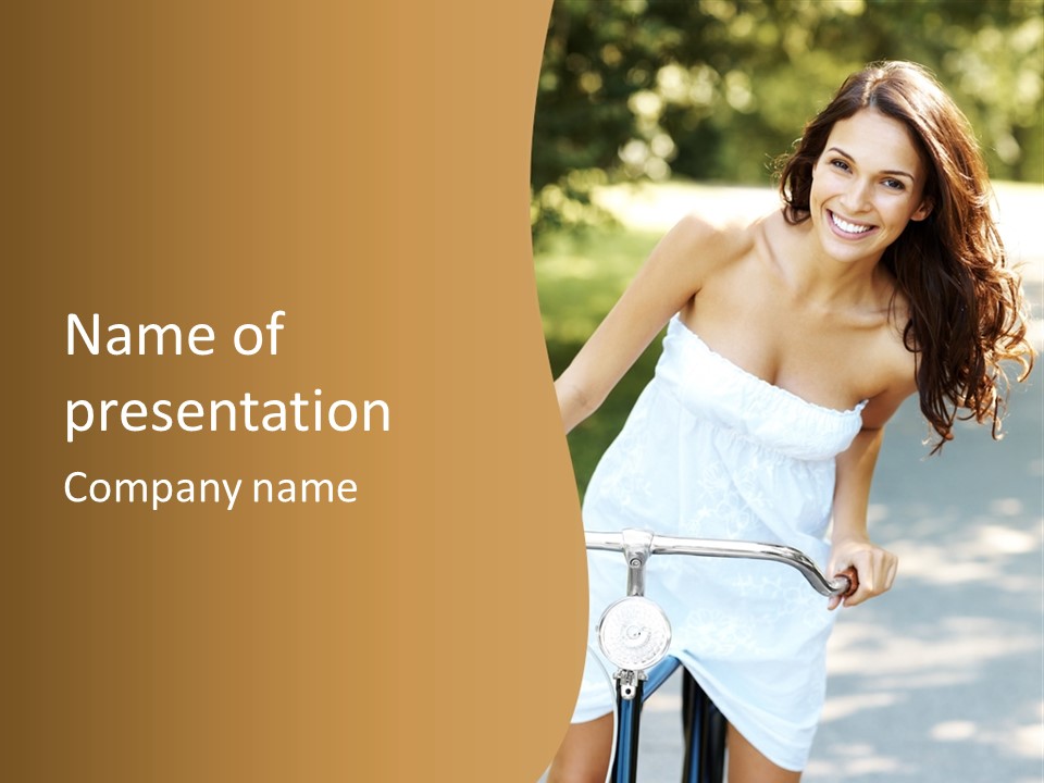 A Woman In A White Dress Riding A Bike PowerPoint Template