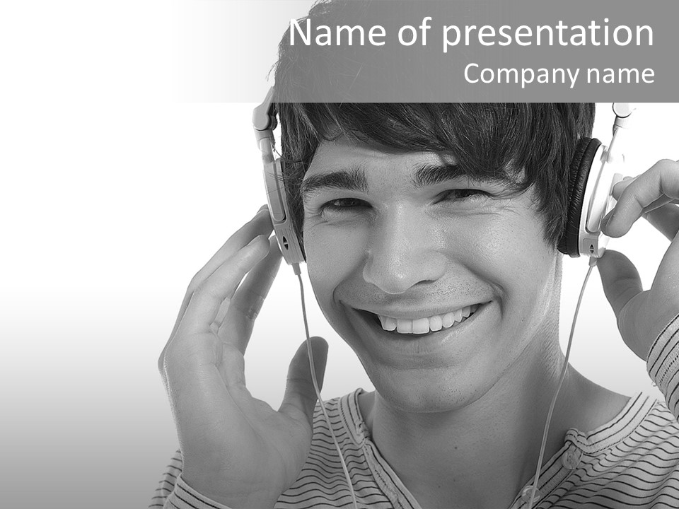 A Young Man Wearing Headphones Is Smiling PowerPoint Template
