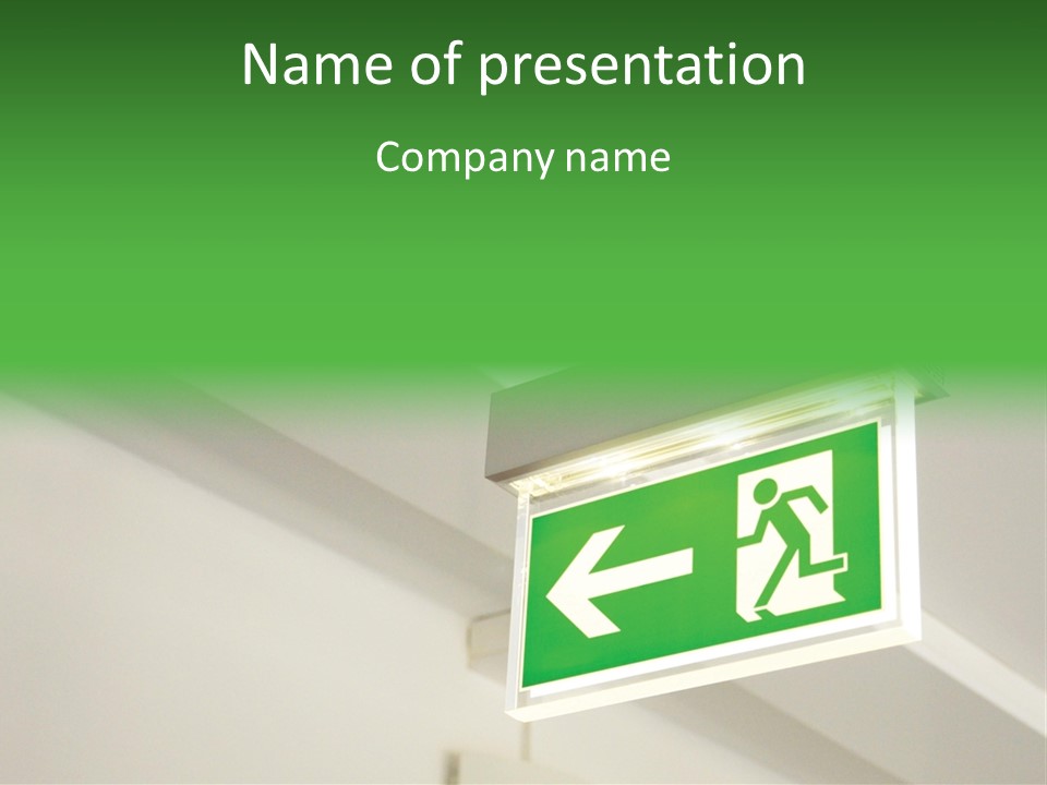 A Green And White Sign Hanging From A Ceiling PowerPoint Template
