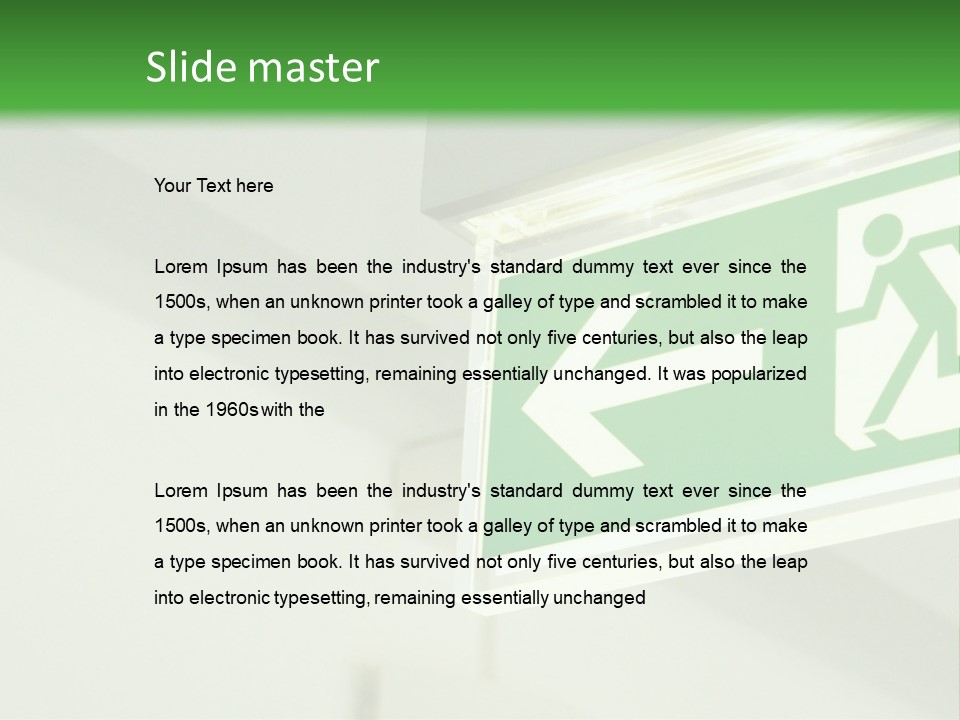 A Green And White Sign Hanging From A Ceiling PowerPoint Template