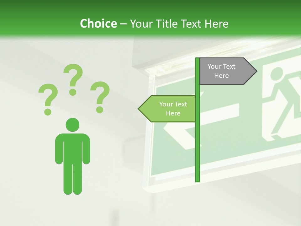 A Green And White Sign Hanging From A Ceiling PowerPoint Template