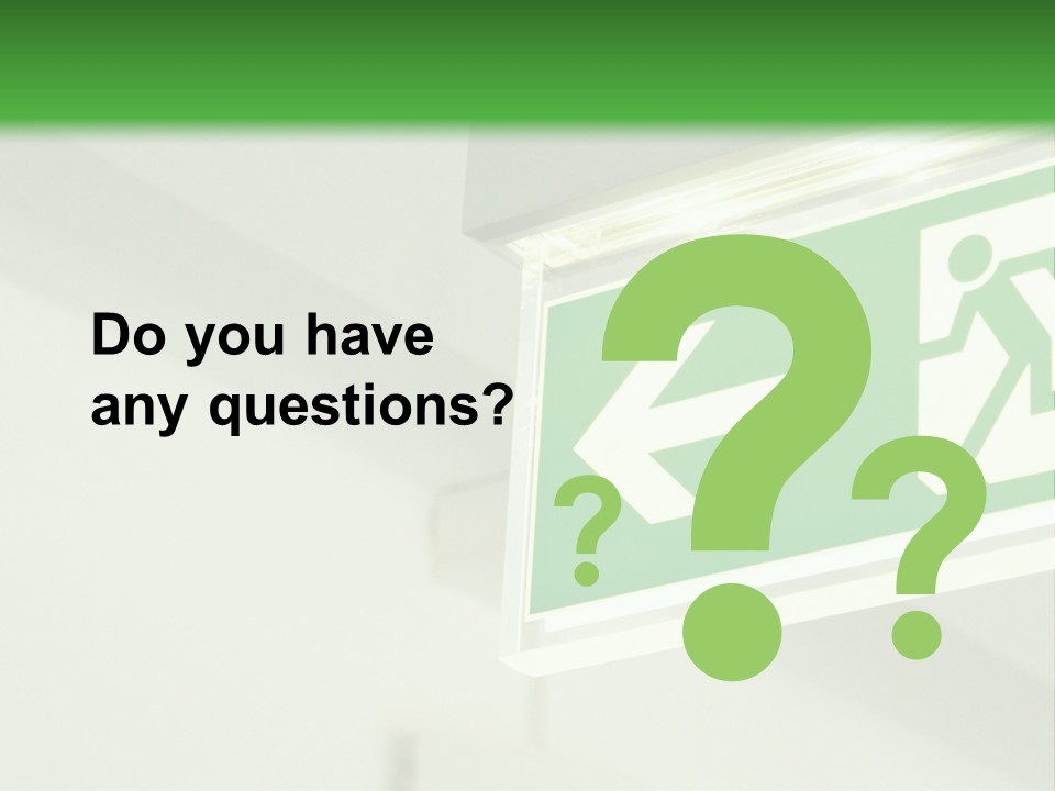 A Green And White Sign Hanging From A Ceiling PowerPoint Template