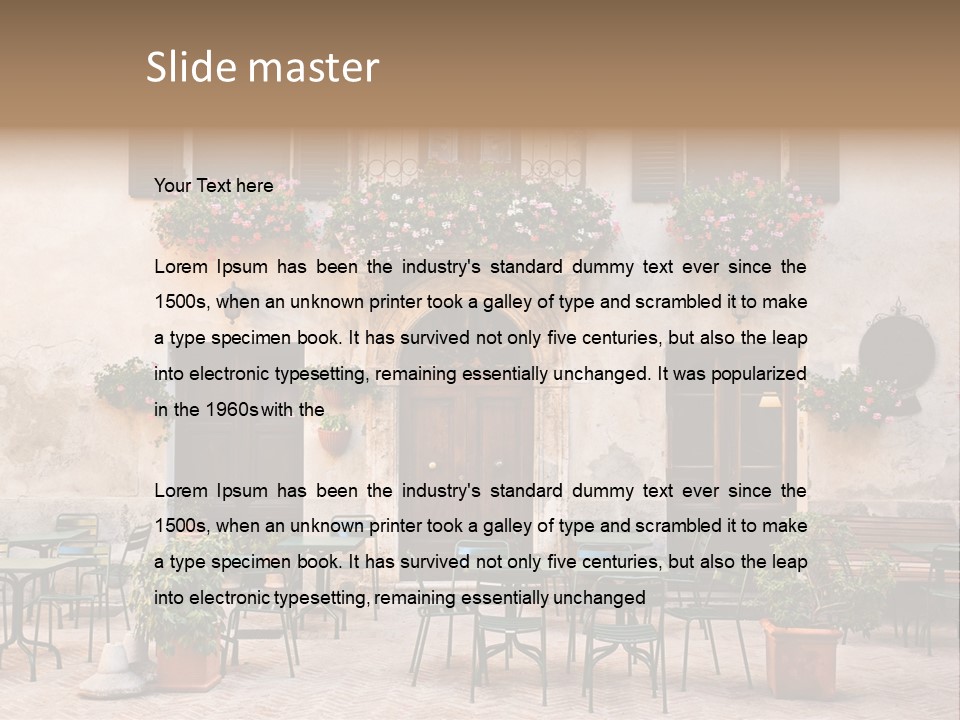 A Building With Tables And Chairs Outside Of It PowerPoint Template