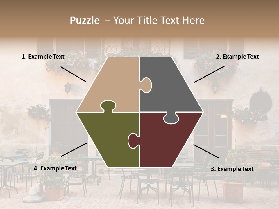 A Building With Tables And Chairs Outside Of It PowerPoint Template