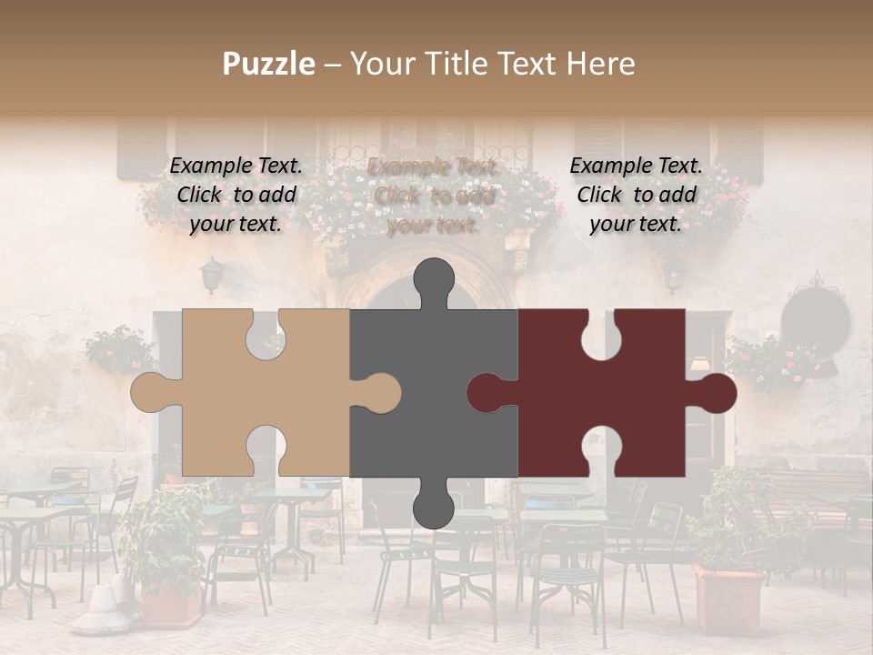 A Building With Tables And Chairs Outside Of It PowerPoint Template
