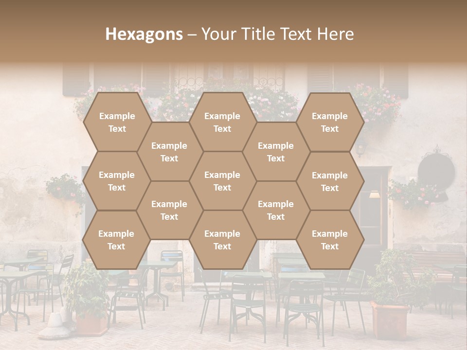 A Building With Tables And Chairs Outside Of It PowerPoint Template