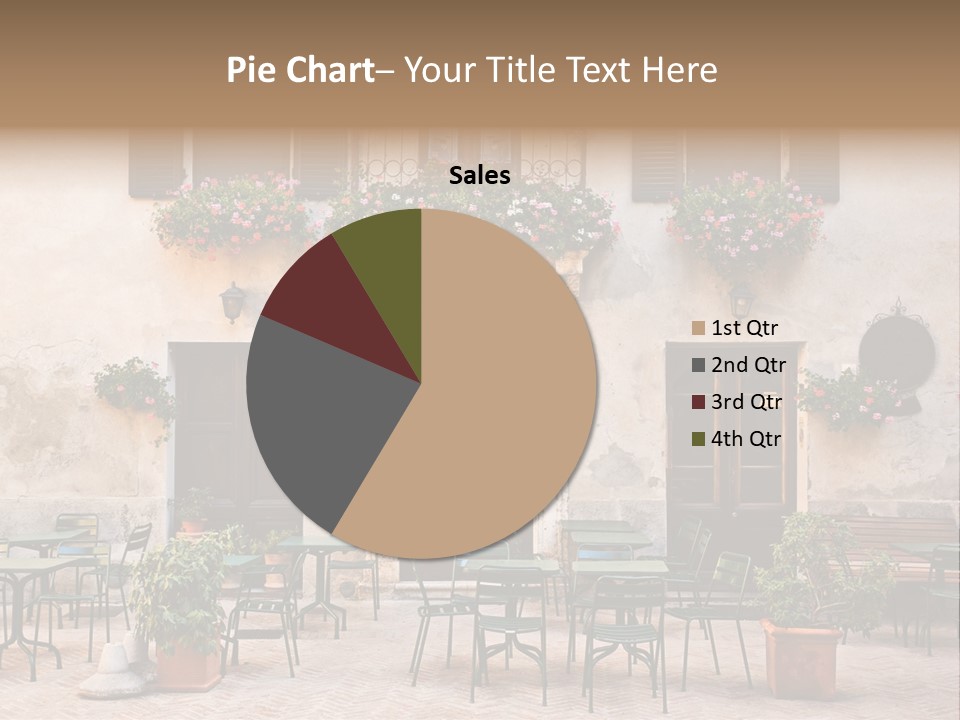 A Building With Tables And Chairs Outside Of It PowerPoint Template