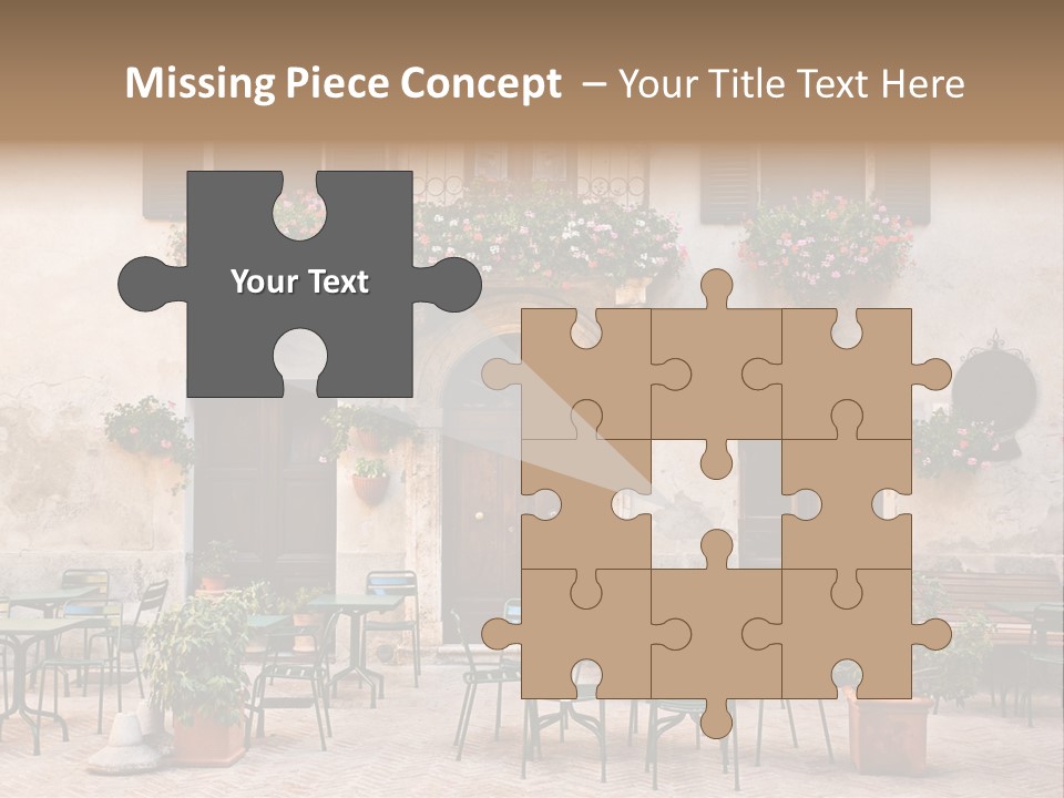 A Building With Tables And Chairs Outside Of It PowerPoint Template