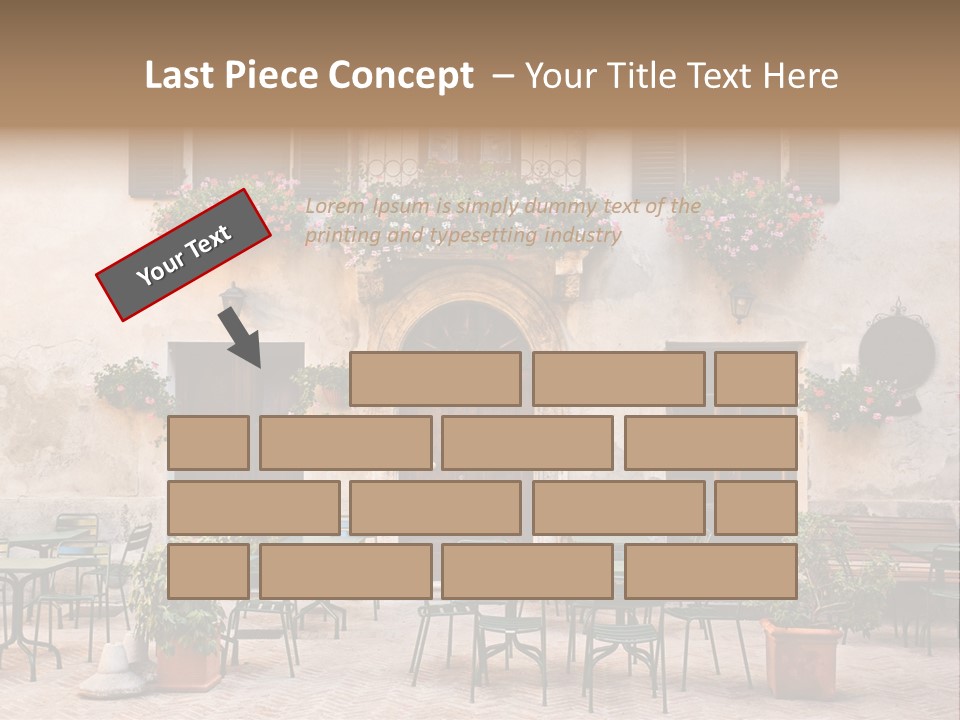 A Building With Tables And Chairs Outside Of It PowerPoint Template