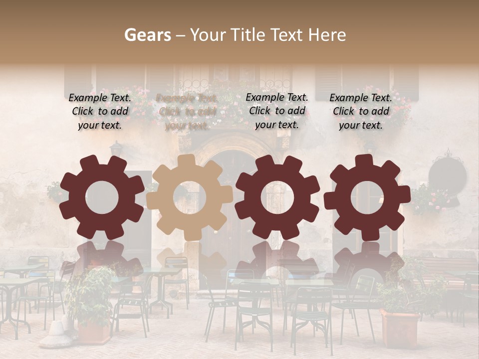 A Building With Tables And Chairs Outside Of It PowerPoint Template